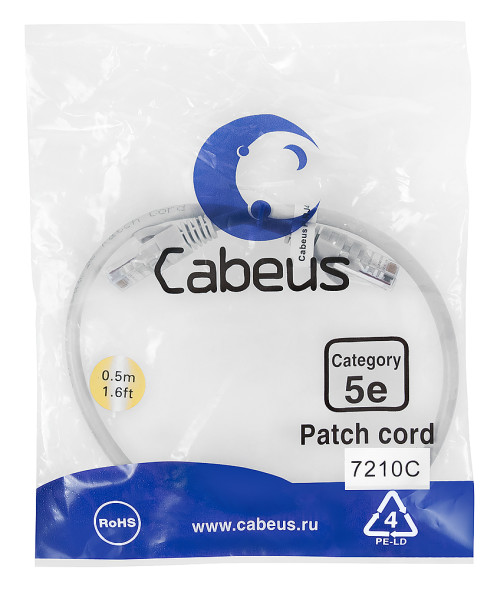 Патч-корд Cabeus PC-UTP-RJ45-Cat.5e-0.5m (7210c) (U/UTP, CAT.5E, PVC, 0.5 м, серый)