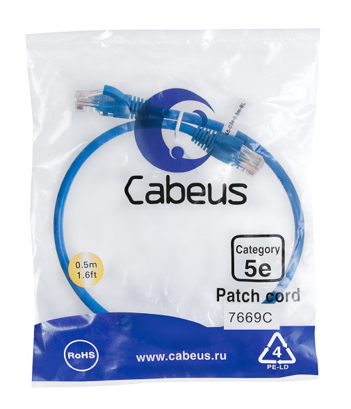 Патч-корд Cabeus PC-UTP-RJ45-Cat.5e-0.5m-BL-LSZH (9528c) (U/UTP, CAT.5E, LSZH, 0.5 м, синий)