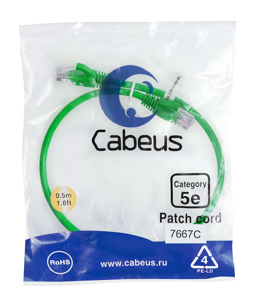 Патч-корд Cabeus PC-UTP-RJ45-Cat.5e-0.5m-GN-LSZH (9504c) (U/UTP, CAT.5E, LSZH, 0.5 м, зеленый)