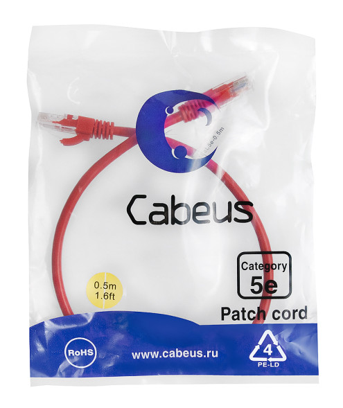 Патч-корд Cabeus PC-UTP-RJ45-Cat.5e-0.5m-RD (7668c) (U/UTP, CAT.5E, PVC, 0.5 м, красный)