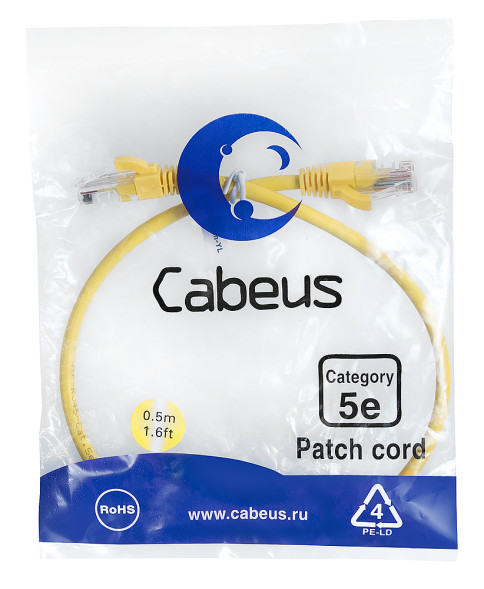 Патч-корд Cabeus PC-UTP-RJ45-Cat.5e-0.5m-YL-LSZH (9496c) (U/UTP, CAT.5E, LSZH, 0.5 м, желтый)