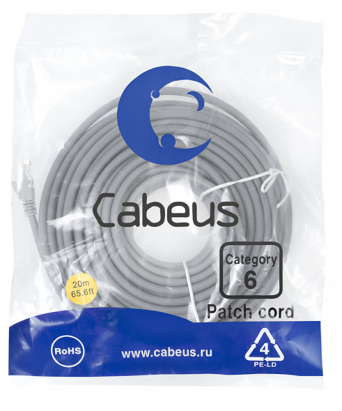 Патч-корд Cabeus PC-UTP-RJ45-Cat.6-20m-LSZH (9596c) (U/UTP, CAT.6, LSZH, 20 м, серый)