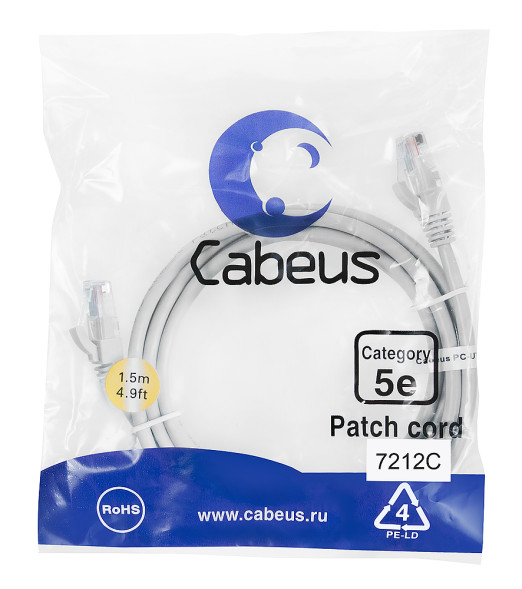 Патч-корд Cabeus PC-UTP-RJ45-Cat.5e-1.5m (7212c) (U/UTP, CAT.5E, PVC, 1.5 м, серый)