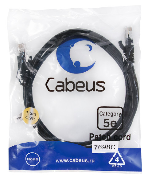 Патч-корд Cabeus PC-UTP-RJ45-Cat.5e-1.5m-BK (7698c) (U/UTP, CAT.5E, PVC, 1.5 м, черный)