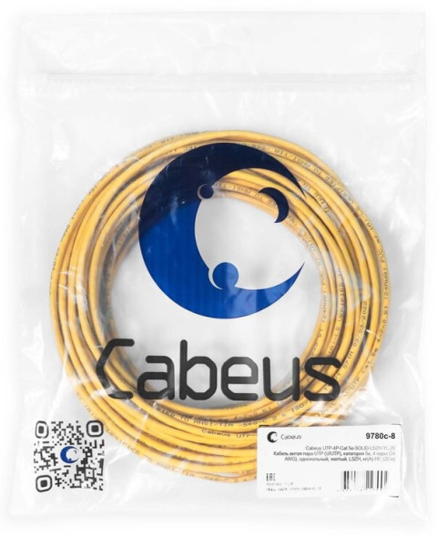 Кабель Cabeus UTP-4P-Cat.5e-SOLID-LSZH-YL-20 (9780c-8) (U/UTP, CAT.5E, LSZH, 20 м, желтый)