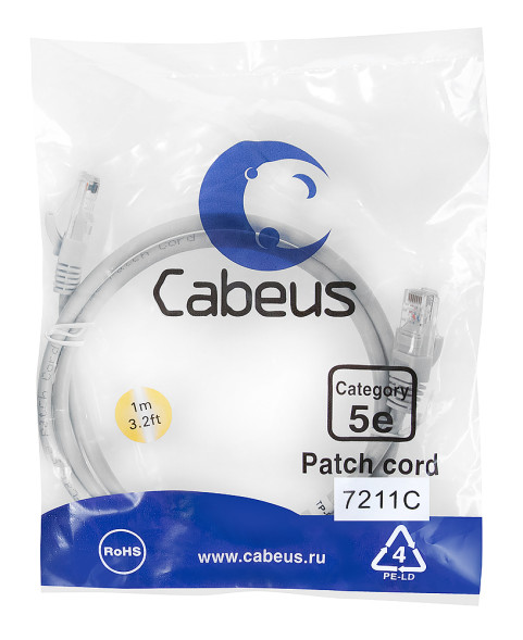 Патч-корд Cabeus PC-UTP-RJ45-Cat.5e-1m (7211c) (U/UTP, CAT.5E, PVC, 1 м, серый)