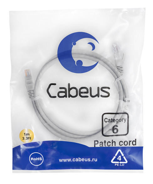 Патч-корд Cabeus PC-UTP-RJ45-Cat.6-1m (7267c) (U/UTP, CAT.6, PVC, 1 м, серый)