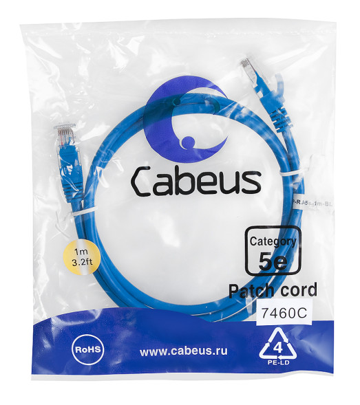 Патч-корд Cabeus PC-UTP-RJ45-Cat.5e-1m-BL (7460c) (U/UTP, CAT.5E, PVC, 1 м, синий)