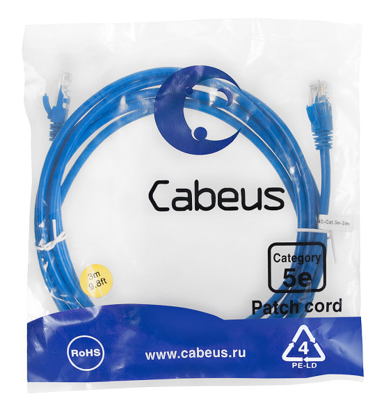 Патч-корд Cabeus PC-UTP-RJ45-Cat.5e-3m-BL-LSZH (9532c) (U/UTP, CAT.5E, LSZH, 3 м, синий)