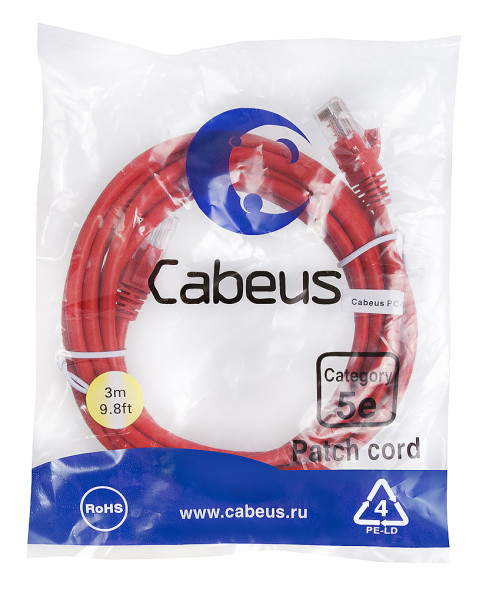 Патч-корд Cabeus PC-UTP-RJ45-Cat.5e-3m-RD-LSZH (9516c) (U/UTP, CAT.5E, LSZH, 3 м, красный)