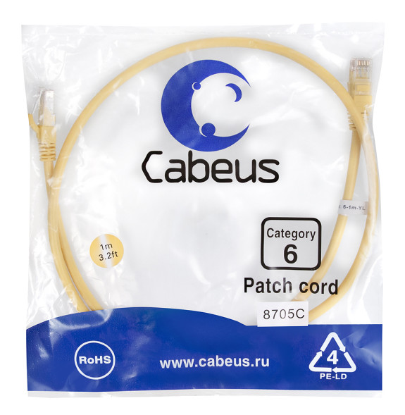Патч-корд Cabeus PC-UTP-RJ45-Cat.6-1m-YL (8705c) (U/UTP, CAT.6, PVC, 1 м, желтый)