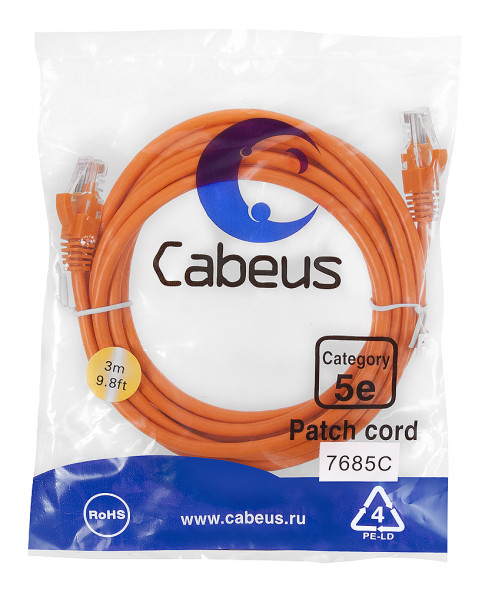 Патч-корд Cabeus PC-UTP-RJ45-Cat.5e-3m-OR-LSZH (9524c) (U/UTP, CAT.5E, LSZH, 3 м, оранжевый)