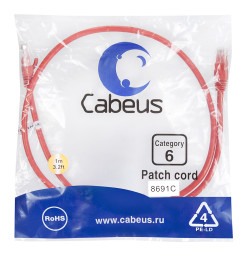 Патч-корд Cabeus PC-UTP-RJ45-Cat.6-1m-RD (8691c) (U/UTP, CAT.6, PVC, 1 м, красный)