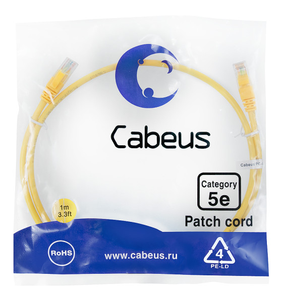 Патч-корд Cabeus PC-UTP-RJ45-Cat.5e-1m-YL (7673c) (U/UTP, CAT.5E, PVC, 1 м, желтый)