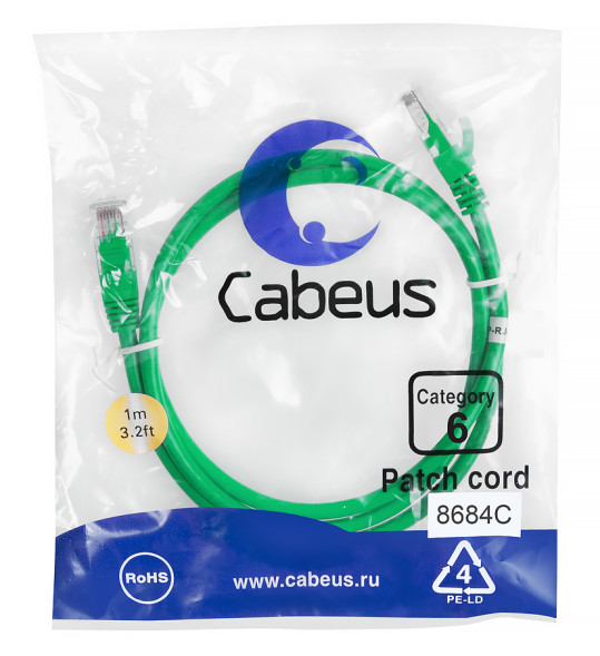 Патч-корд Cabeus PC-UTP-RJ45-Cat.6-1m-GN (8684c) (U/UTP, CAT.6, PVC, 1 м, зеленый)