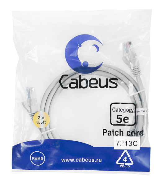 Патч-корд Cabeus PC-UTP-RJ45-Cat.5e-2m (7213c) (U/UTP, CAT.5E, PVC, 2 м, серый)
