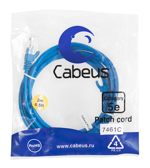 Патч-корд Cabeus PC-UTP-RJ45-Cat.5e-2m-BL (7461c) (U/UTP, CAT.5E, PVC, 2 м, синий)