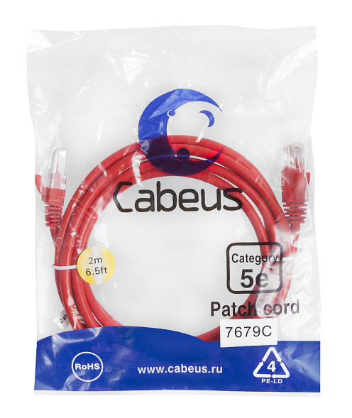 Патч-корд Cabeus PC-UTP-RJ45-Cat.5e-2m-RD (7679c) (U/UTP, CAT.5E, PVC, 2 м, красный)