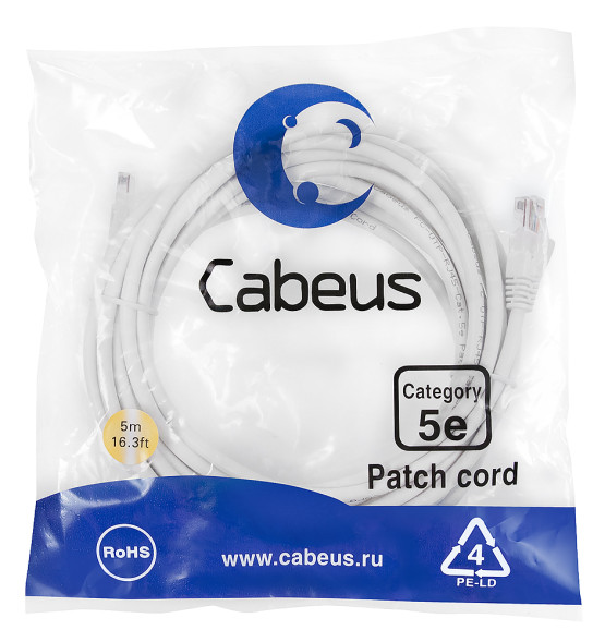 Патч-корд Cabeus PC-UTP-RJ45-Cat.5e-5m-WH (7687c) (U/UTP, CAT.5E, PVC, 5 м, белый)