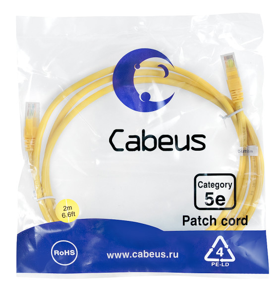 Патч-корд Cabeus PC-UTP-RJ45-Cat.5e-2m-YL (7678c) (U/UTP, CAT.5E, PVC, 2 м, желтый)