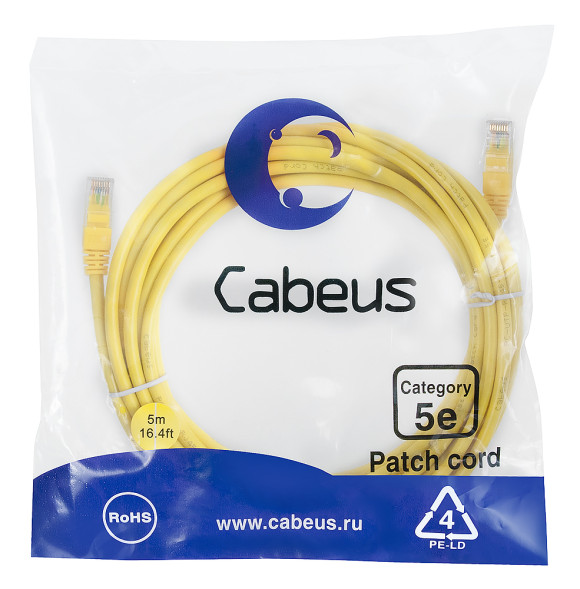Патч-корд Cabeus PC-UTP-RJ45-Cat.5e-5m-YL (7688c) (U/UTP, CAT.5E, PVC, 5 м, желтый)