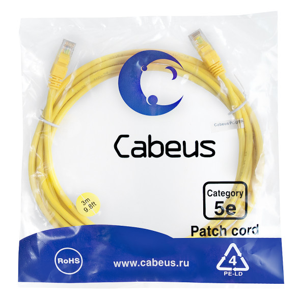 Патч-корд Cabeus PC-UTP-RJ45-Cat.5e-3m-YL (7683c) (U/UTP, CAT.5E, PVC, 3 м, желтый)