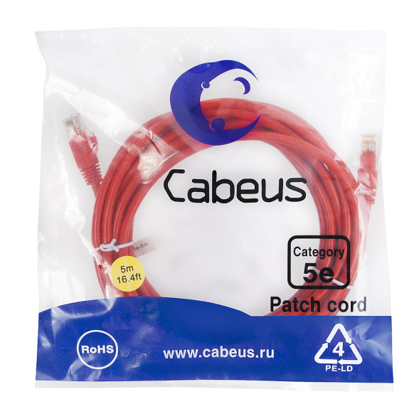 Патч-корд Cabeus PC-UTP-RJ45-Cat.5e-5m-RD (7689c) (U/UTP, CAT.5E, PVC, 5 м, красный)
