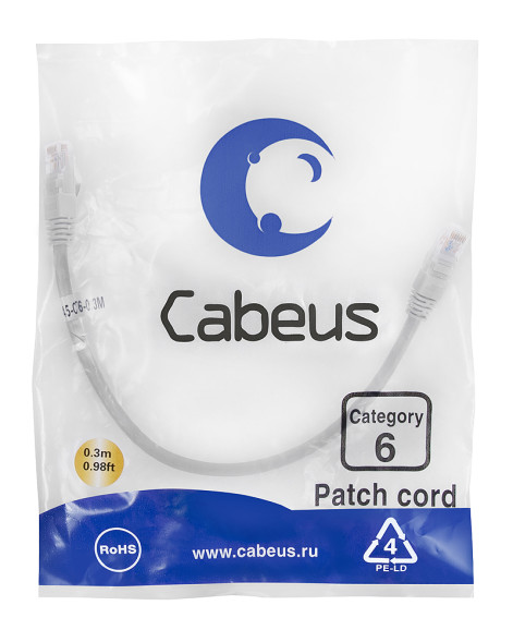Патч-корд Cabeus PC-UTP-RJ45-Cat.6-0.3m (7272c) (U/UTP, CAT.6, PVC, 0.3 м, серый)