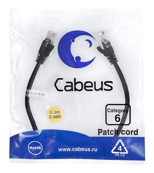 Патч-корд Cabeus PC-UTP-RJ45-Cat.6-0.3m-BK (8661c) (U/UTP, CAT.6, PVC, 0.3 м, черный)