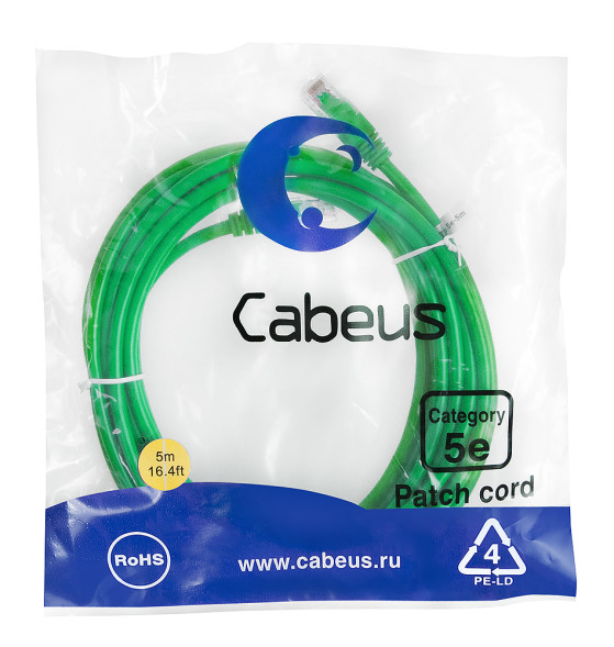 Патч-корд Cabeus PC-UTP-RJ45-Cat.5e-5m-GN (7457c) (U/UTP, CAT.5E, PVC, 5 м, зеленый)
