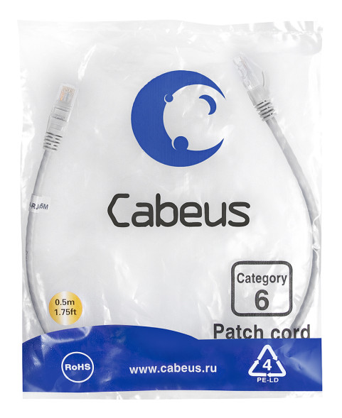 Патч-корд Cabeus PC-UTP-RJ45-Cat.6-0.5m (7266c) (U/UTP, CAT.6, PVC, 0.5 м, серый)