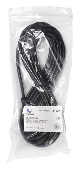 Кабель силовой оконцованный Cabeus PC-186-VDE-5M (2102k) (C13–Schuko, 6 A, 3x0.75 мм², 5 м, черный)