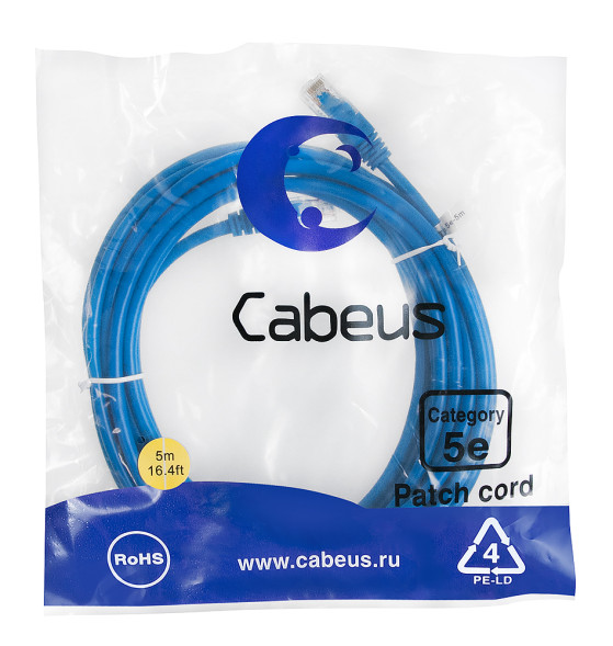Патч-корд Cabeus PC-UTP-RJ45-Cat.5e-5m-BL (7463c) (U/UTP, CAT.5E, PVC, 5 м, синий)