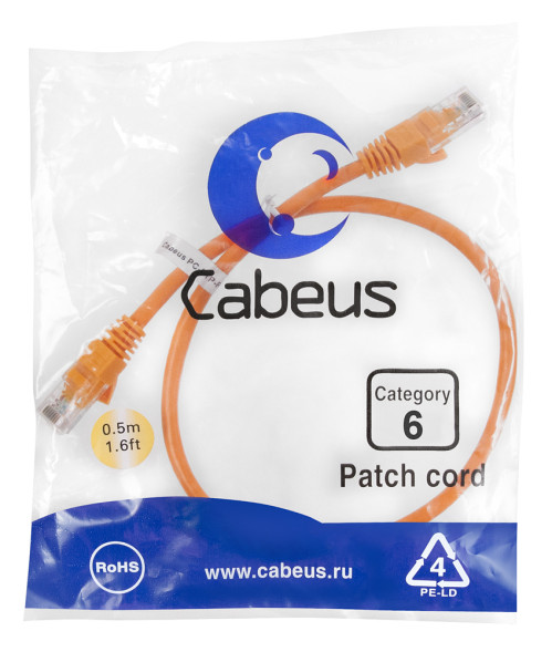 Патч-корд Cabeus PC-UTP-RJ45-CAT.6-0.5M-OR (8697c) (U/UTP, CAT.6, PVC, 0.5 м, оранжевый)