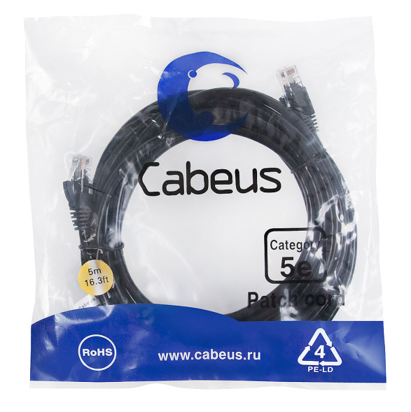Патч-корд Cabeus PC-UTP-RJ45-Cat.5e-5m-BK (7691c) (U/UTP, CAT.5E, PVC, 5 м, черный)