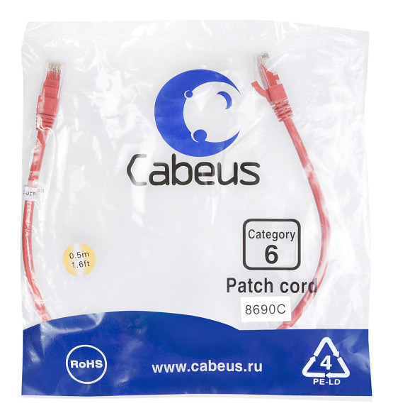 Патч-корд Cabeus PC-UTP-RJ45-Cat.6-0.5m-RD (8690c) (U/UTP, CAT.6, PVC, 0.5 м, красный)