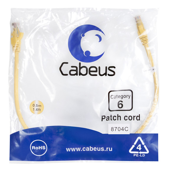 Патч-корд Cabeus PC-UTP-RJ45-Cat.6-0.5m-YL (8704c) (U/UTP, CAT.6, PVC, 0.5 м, желтый)