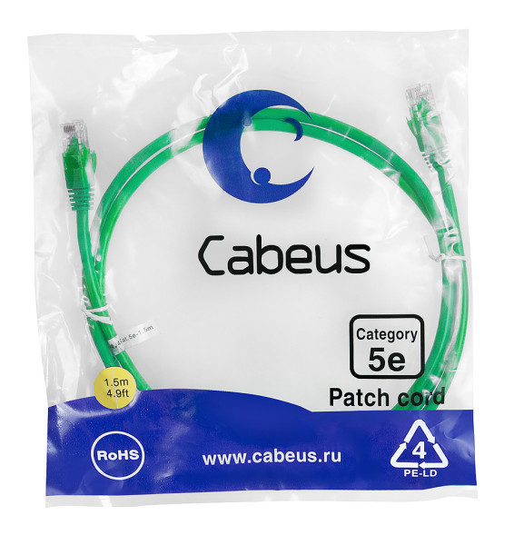 Патч-корд Cabeus PC-UTP-RJ45-Cat.5e-1.5m-GN-LSZH (9506c) (U/UTP, CAT.5E, LSZH, 1.5 м, зеленый)
