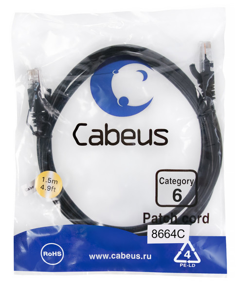 Патч-корд Cabeus PC-UTP-RJ45-Cat.6-1.5m-BK (8664c) (U/UTP, CAT.6, PVC, 1.5 м, черный)
