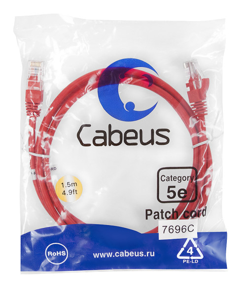 Патч-корд Cabeus PC-UTP-RJ45-Cat.5e-1.5m-RD-LSZH (9514c) (U/UTP, CAT.5E, LSZH, 1.5 м, красный)