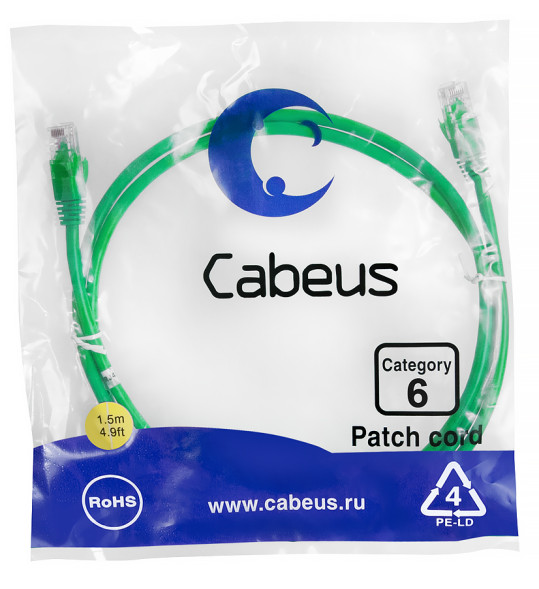 Патч-корд Cabeus PC-UTP-RJ45-Cat.6-1.5m-GN (8685c) (U/UTP, CAT.6, PVC, 1.5 м, зеленый)