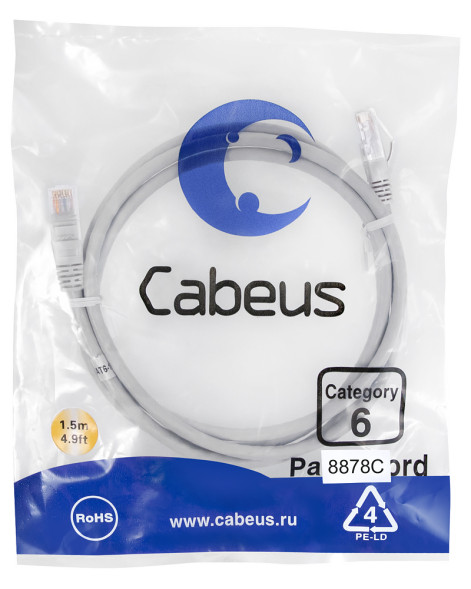 Патч-корд Cabeus PC-UTP-RJ45-Cat.6-1.5m-LSZH (8878c) (U/UTP, CAT.6, LSZH, 1.5 м, серый)