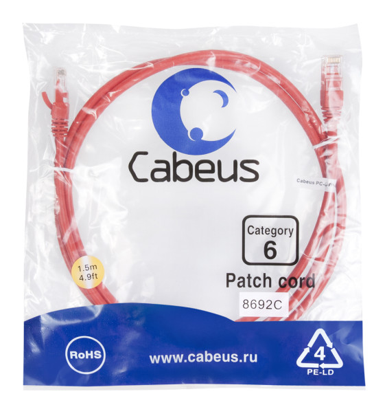Патч-корд Cabeus PC-UTP-RJ45-Cat.6-1.5m-RD (8692c) (U/UTP, CAT.6, PVC, 1.5 м, красный)