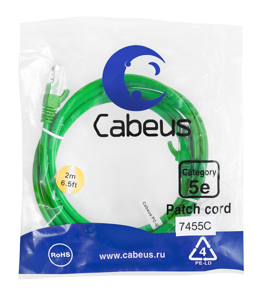 Патч-корд Cabeus PC-UTP-RJ45-Cat.5e-2m-GN (7455c) (U/UTP, CAT.5E, PVC, 2 м, зеленый)