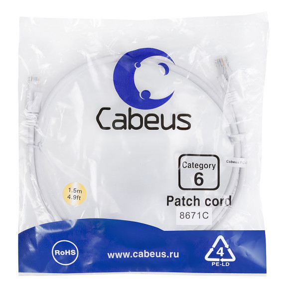 Патч-корд Cabeus PC-UTP-RJ45-Cat.6-1.5m-WH (8671c) (U/UTP, CAT.6, PVC, 1.5 м, белый)