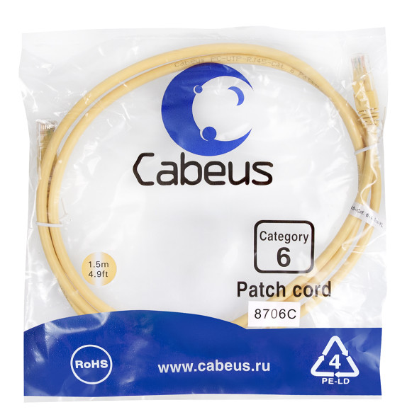 Патч-корд Cabeus PC-UTP-RJ45-Cat.6-1.5m-YL (8706c) (U/UTP, CAT.6, PVC, 1.5 м, желтый)