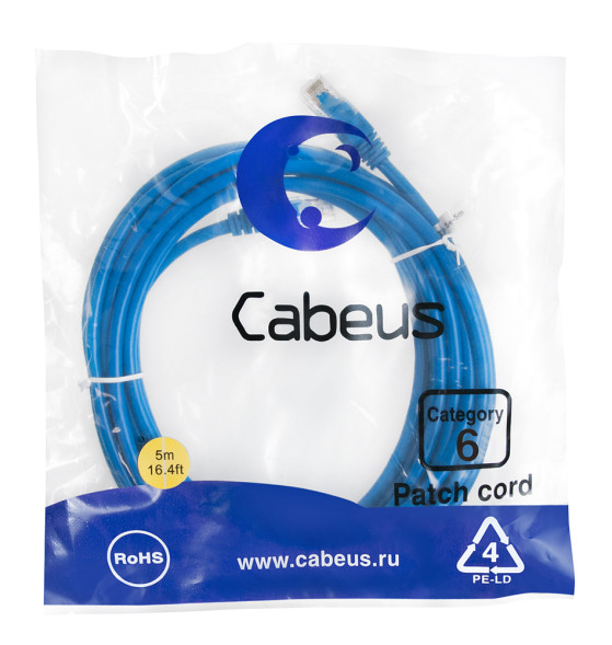 Патч-корд Cabeus PC-UTP-RJ45-Cat.6-5m-BL (8681c) (U/UTP, CAT.6, PVC, 5 м, синий)