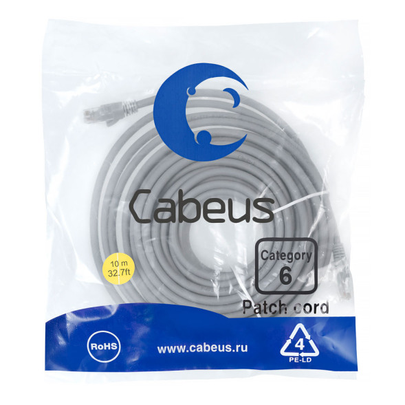 Патч-корд Cabeus PC-UTP-RJ45-Cat.6-10m-LSZH (9594c) (U/UTP, CAT.6, LSZH, 10 м, серый)