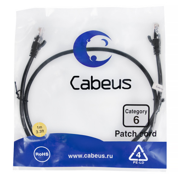 Патч-корд Cabeus PC-UTP-RJ45-Cat.6-1m-BK (8663c) (U/UTP, CAT.6, PVC, 1 м, черный)