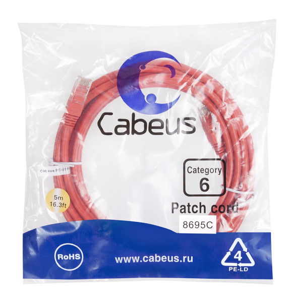 Патч-корд Cabeus PC-UTP-RJ45-Cat.6-5m-RD (8695c) (U/UTP, CAT.6, PVC, 5 м, красный)
